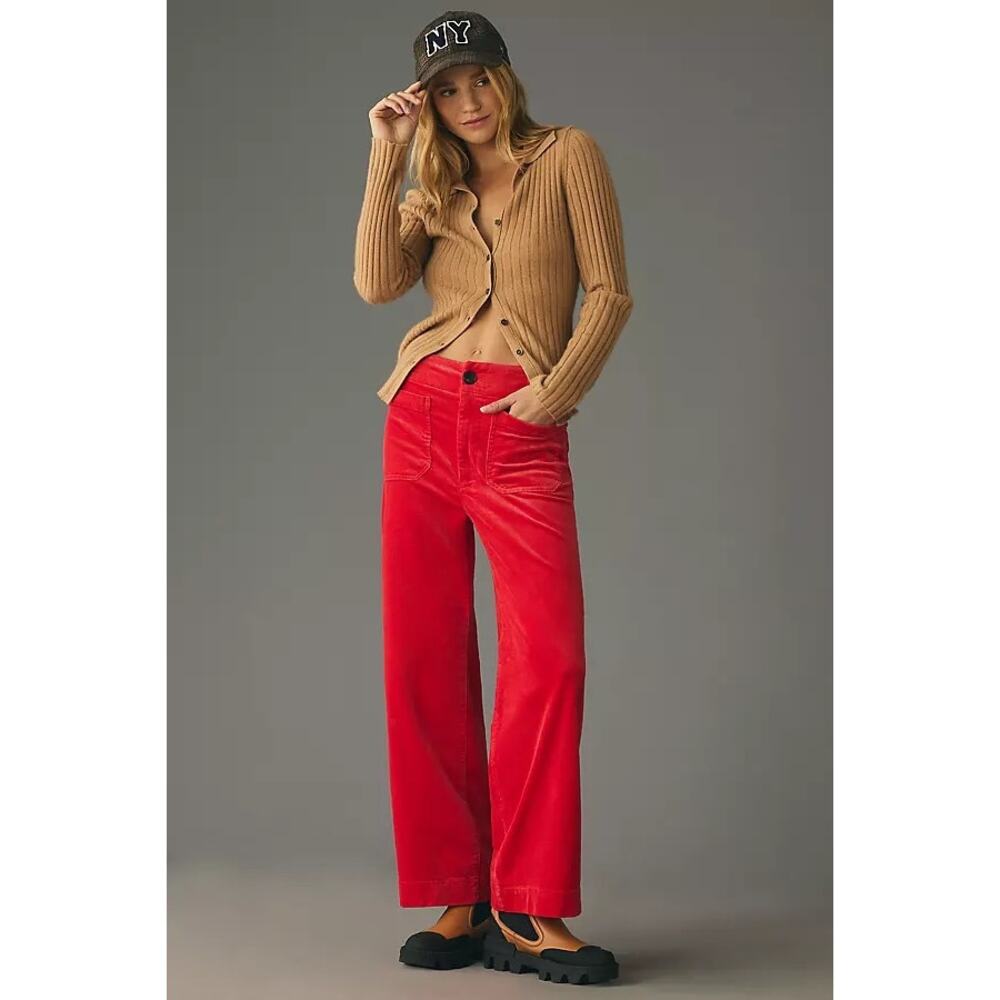 Anthro Maeve Colette Corduroy Cropped Wide-Leg Pants Red Size 26 High Rise